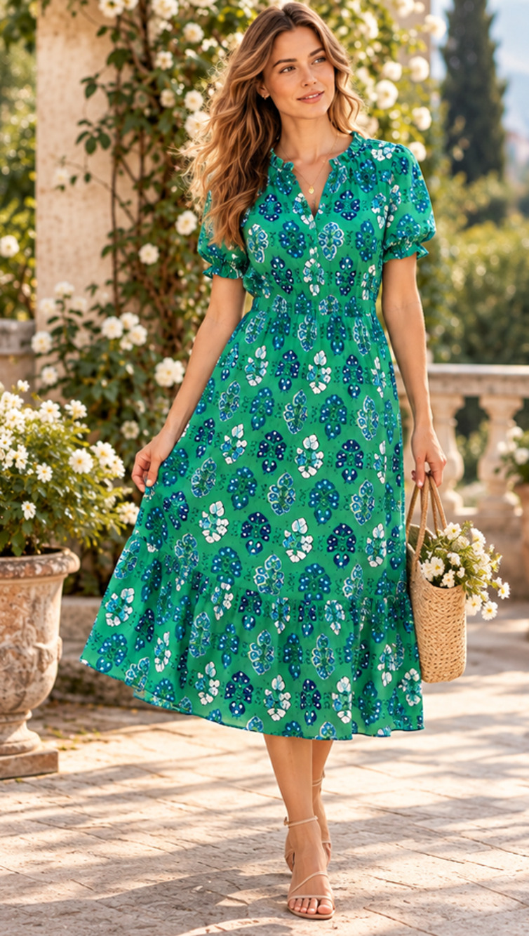 J.Crew Printed Ruffleneck Puff Sleeve Midi Dres Size 12 100% Cotton Cottagecore